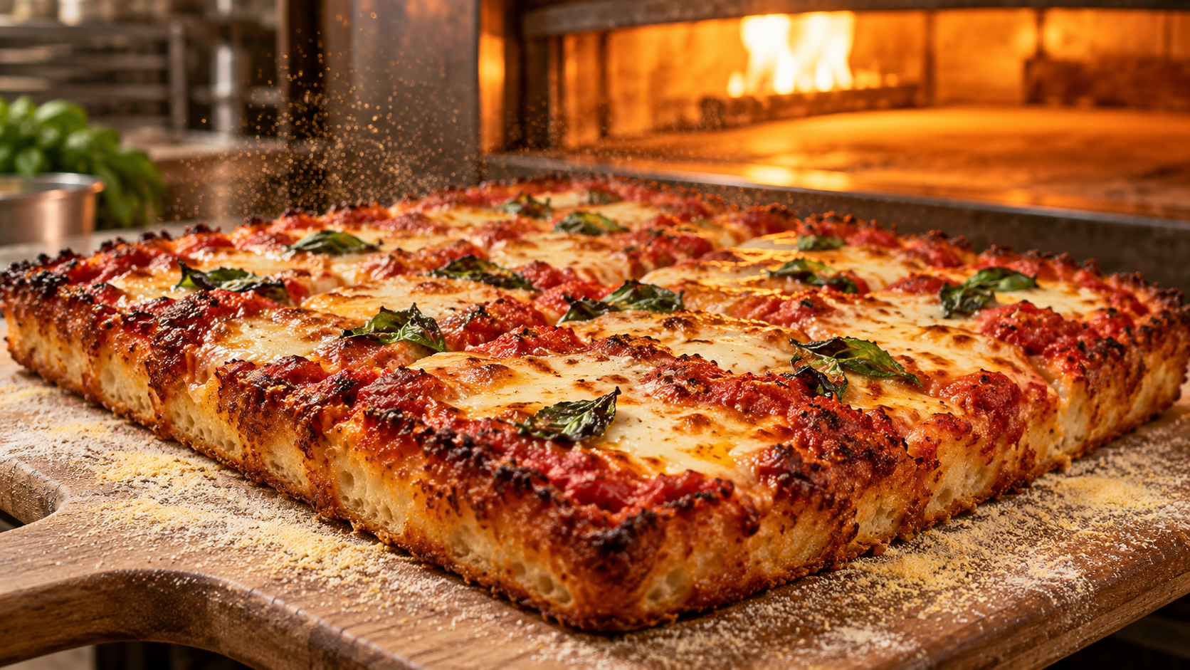 Illustrative image: a Sicilian-style square pie with tomato sauce, melted mozzarella and basil near a glowing deck oven