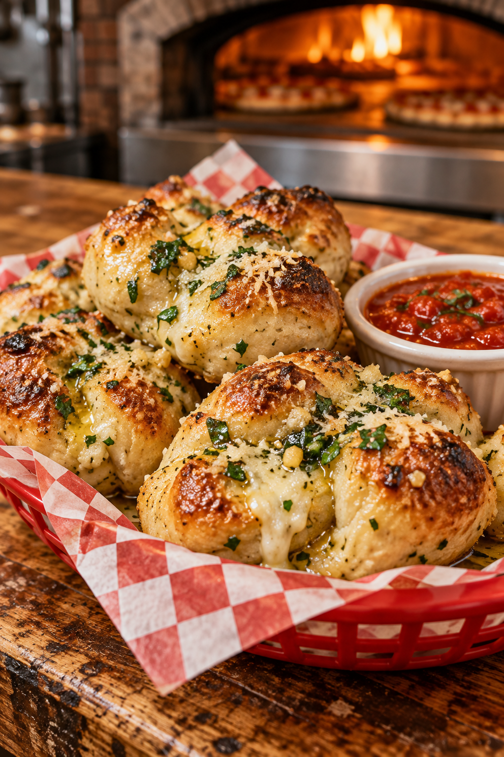 Illustrative image: garlic knots with marinara on a pizzeria counter